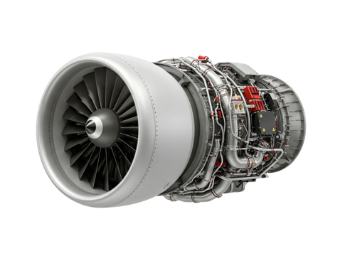 Detailed view of a modern jet engine turbofan with intricate components isolated on transparent background