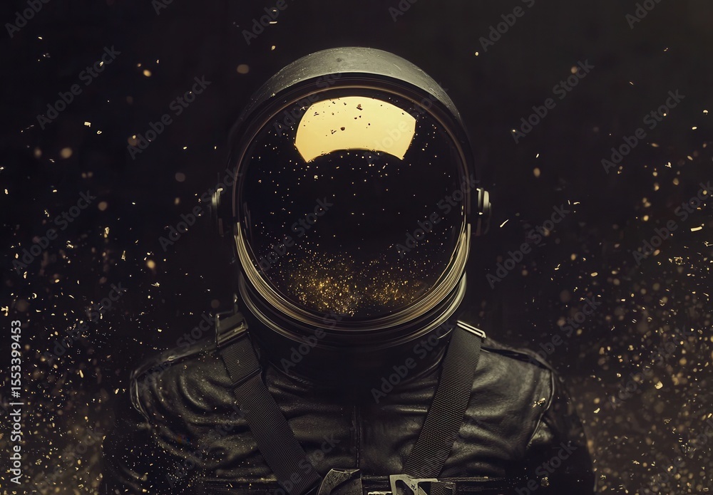 Poster astronaut helmet reflection with sparkling space background