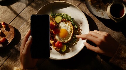 Diners are taking photos of their meals with smartphones, emphasizing the trend of a beautifully arranged breakfast plate. colorful meal. The right side of the image is left empty for text placement.