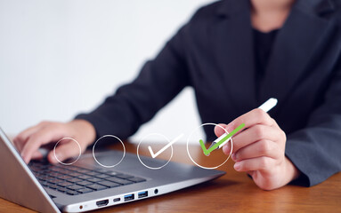 Businesswoman mark checkboxes, Survey form, check marks on checklist,Checklist concept.