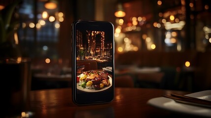 Diners are taking photos of their meals with smartphones, emphasizing the trend of a beautifully arranged breakfast plate. colorful meal. The right side of the image is left empty for text placement.
