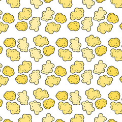seamless pattern featuring cartoon-style popcorn shapes in yellow and cream tones on a white background. Suitable for food packaging, textile prints, or decorative backgrounds.