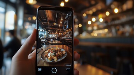 Diners are taking photos of their meals with smartphones, emphasizing the trend of a beautifully arranged breakfast plate. colorful meal. The right side of the image is left empty for text placement.