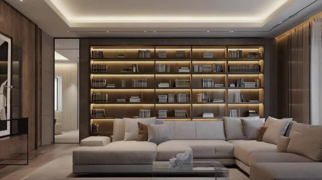 A cozy reading corner with a large beige sofa, warm wooden bookshelves filled with books, soft lighting, and a tranquil atmosphere for book lovers.