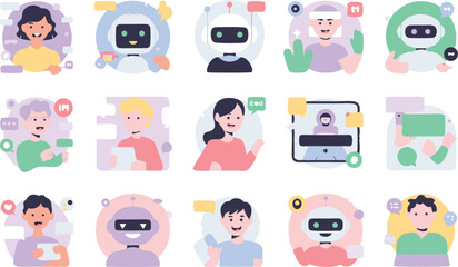 Diverse Collection of Cartoon People and Chatbots Engaging in Digital Communication and Interaction