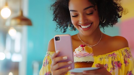 Diners are taking photos of their meals with smartphones, emphasizing the trend of a beautifully arranged breakfast plate. colorful meal. The right side of the image is left empty for text placement.