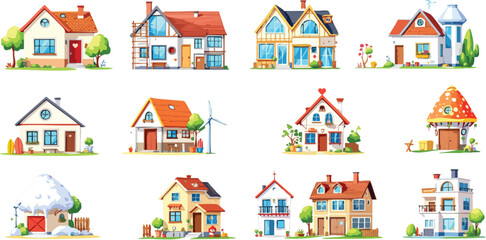 Collection of various illustrated cartoon homes with different architectural designs and styles.