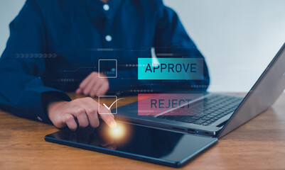 Approved, accept, pass inspection, Businessman writing or tick correct mark to approve document and project concept.