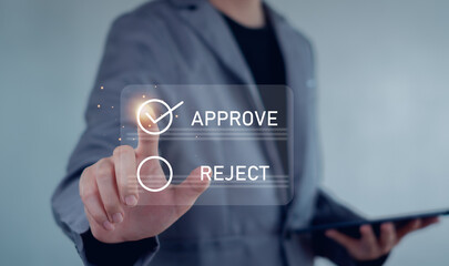 Approved, accept, pass inspection, Businessman writing or tick correct mark to approve document and project concept.