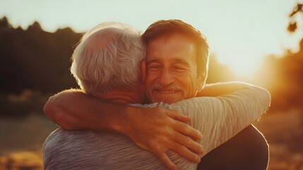 Father and son hugging each other warmly in the golden sunlight showing love and family connection moment