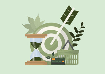 Sustainable business goals concept with target. hourglass and shopping basket with plants. Eco friendly commerce ideal for corporate sustainability. Sustainable purchasing. Vector illustration