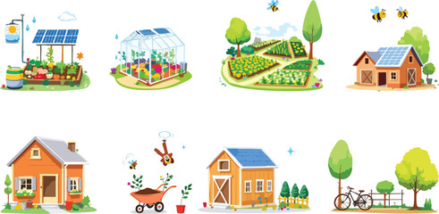 Illustrated collection of sustainable gardening and eco friendly lifestyle elements.
