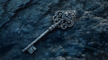 Antique ornate silver key on stone texture background vintage style design treasure mystery concept image