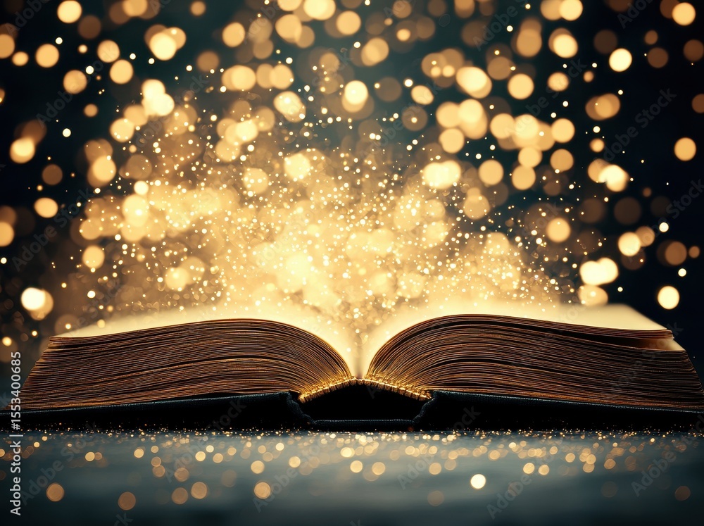Poster open book with glowing light and magic particles in background