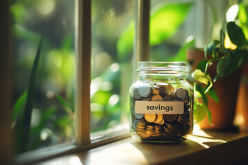 close-up savings jar on sunny windowsill, surrounded by lush house plants in soft focus. image conveys themes of economy, inflation awareness, wealth accumulation and home budgeting