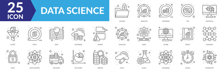 Waste management icon collection set. Containing Filter, Gear, Diagram, Data, Idea, Analysis, Error, Globe, Database, Book icon. Simple line vector.