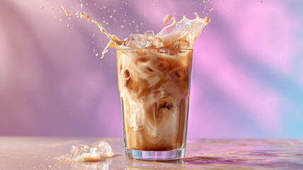 A clear glass filled with iced coffee and milk splashing over ice cubes on a colorful gradient background, with visible liquid motion