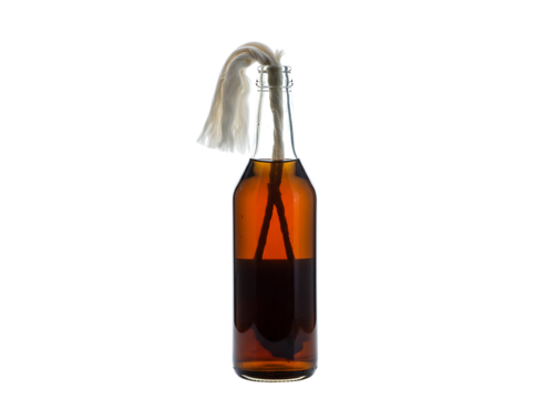 Molotov cocktail in a glass bottle with a burning wick isolated on transparent background