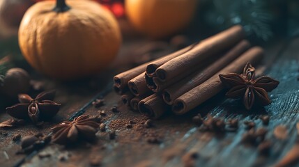 Aromatic spice still life photography with cinnamon sticks and star anise for holiday season baking ideas