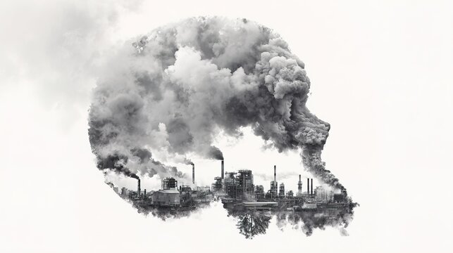 Conceptual photograph highlighting dangers of air pollution, monochrome scene with smoke resembling skull over factory, great for environmental reports and visual warnings