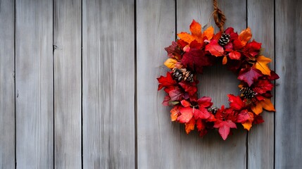 Autumn wreath hanging on rustic wood door for thanksgiving and fall season decoration and home decor idea
