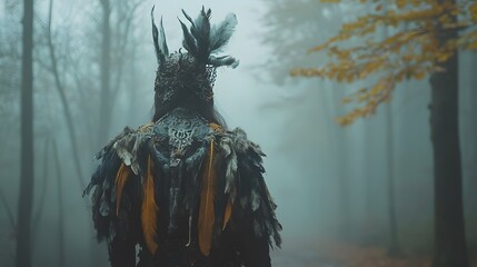 Mystical figure in forest photography, fantasy costume, nature spirit, woodland creature, ethereal scene
