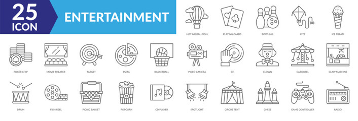Waste management icon collection set. Containing Poker Chip, Movie Theater, Target, Pizza, Basketball, Hot Air Balloon, Playing Cards, Bowling, Ice Cream, Kite icon. Simple line vector.