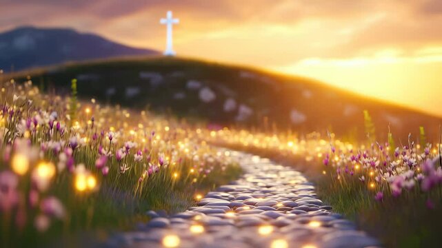A serene spiritual journey along a glowing path towards a distant cross at sunrise is a potent symbol of Christian faith, hope and salvation. Perfect backdrop for Easter or worship storytelling.