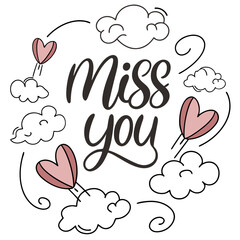 Heartfelt "Miss You" design with clouds and hearts for expressing longing and affection