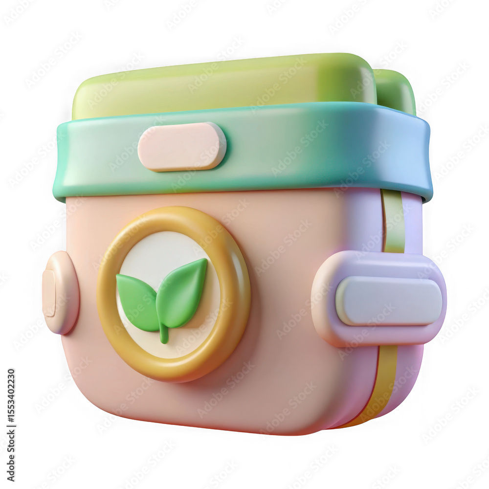 Poster cute 3d render of a pastel colored container with a leaf icon isolated on transparent background