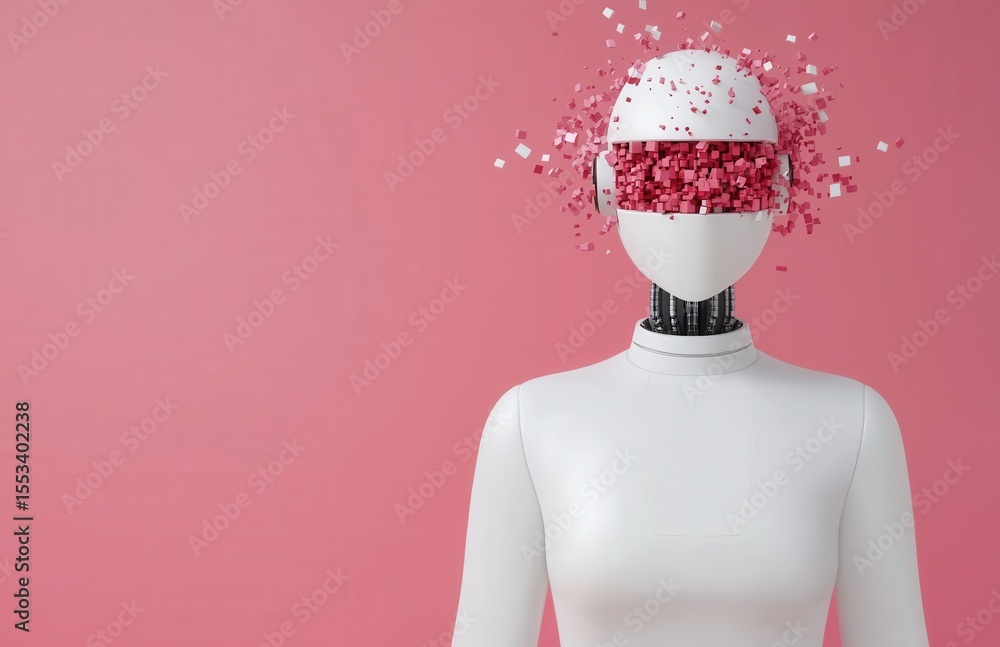 Poster futuristic robot head with colorful fragmentation on pink background