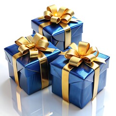 Three blue gift boxes with gold ribbons are isolated on white background
