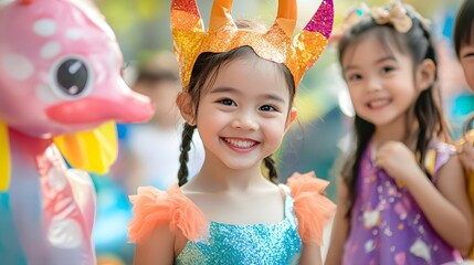 Portrait of happy asian girls celebrating mid autumn festival with lantern and colorful costume party