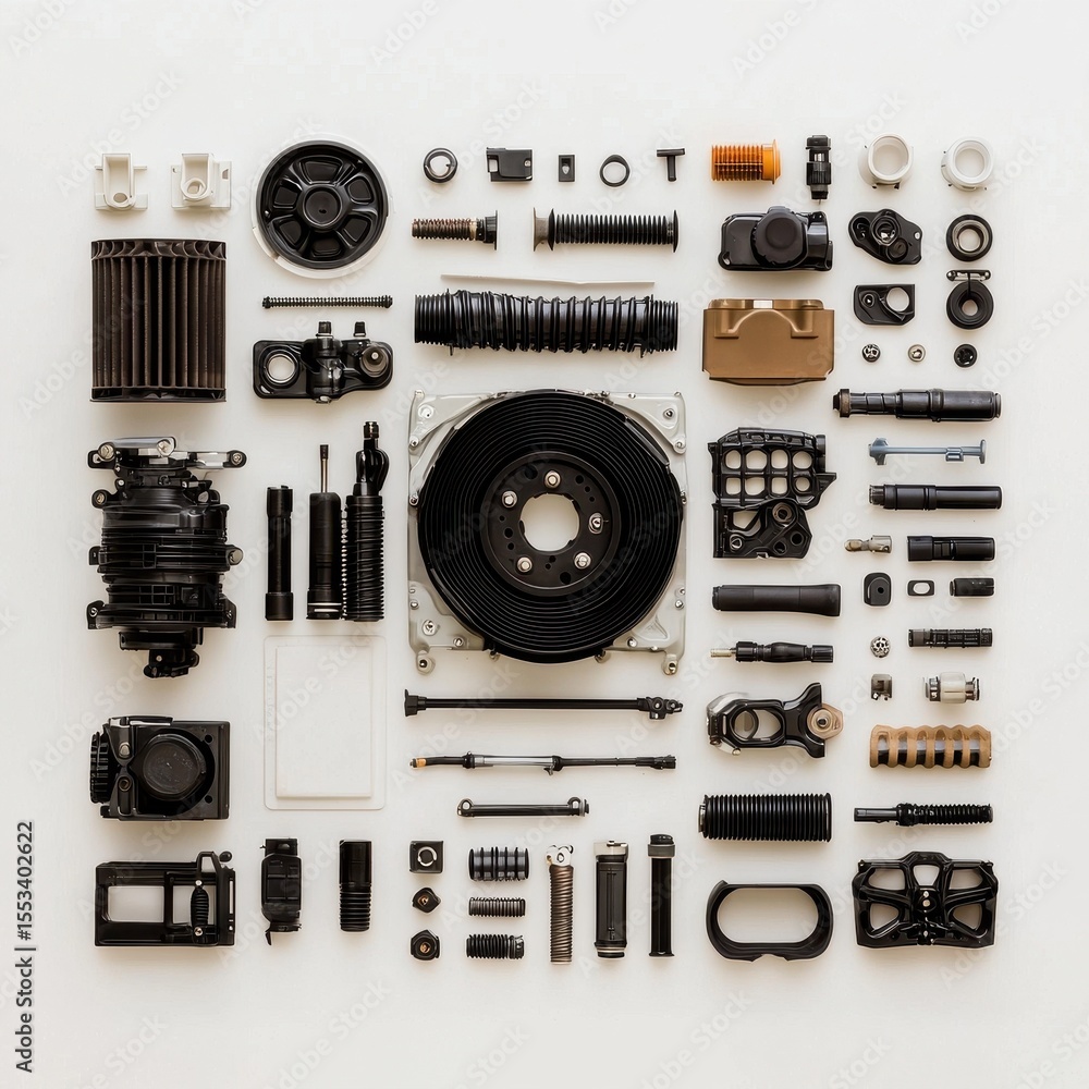 Poster various mechanical components and parts arranged for display