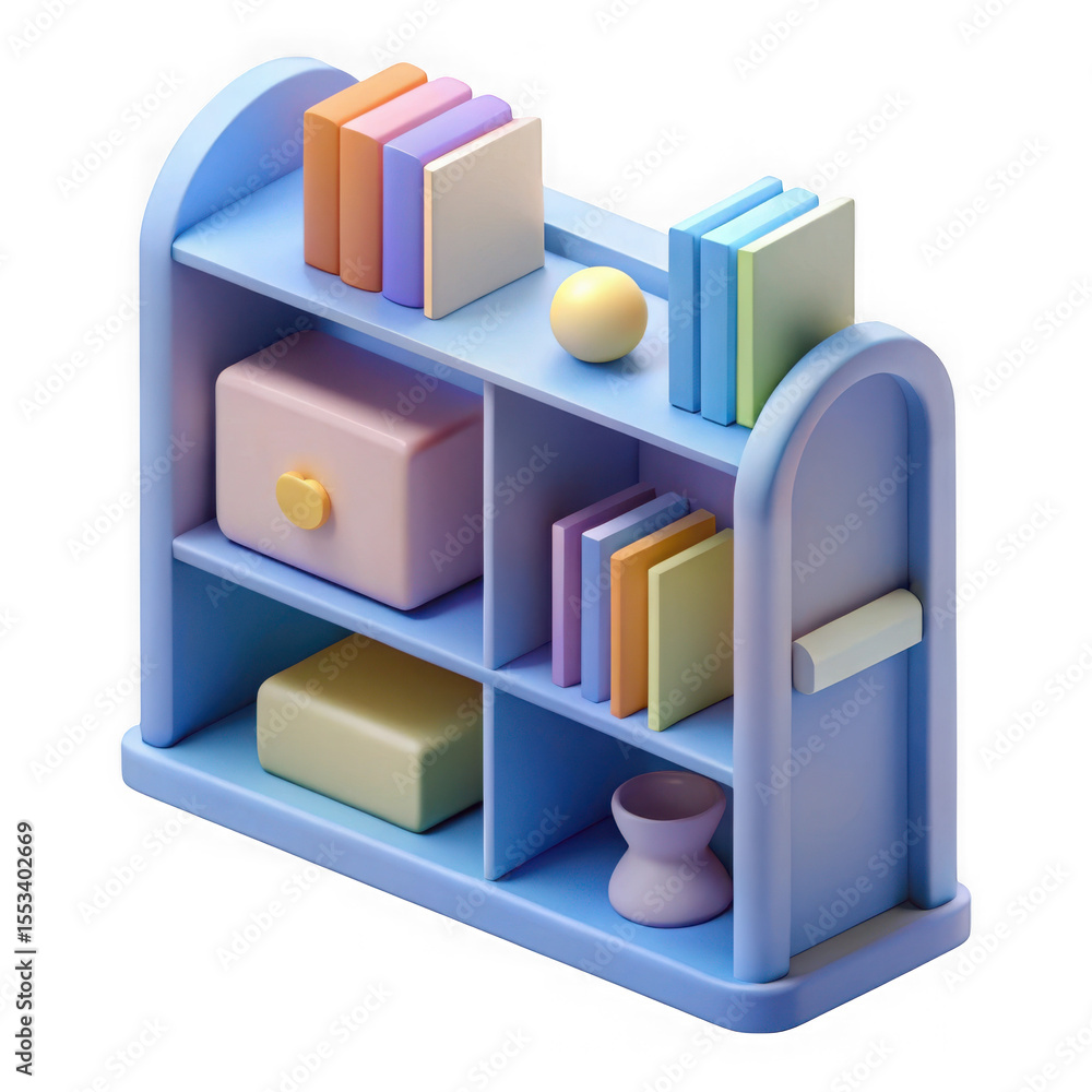 Poster pastel colored minimalist bookshelf with books and decorative objects isolated on transparent backgr