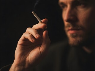 close up of a man's hand holding a cigarette isolated on black background