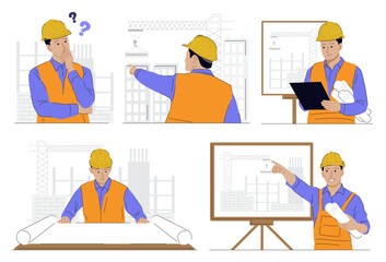 Set of character construction worker at construction site vector illustration on isolated background