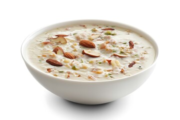 Creamy kheer dessert with almond slices in a white bowl, a traditional and delicious sweet rice pudding recipe.