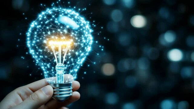 A hand holds a glowing lightbulb containing a digital neural network, a concept background for technology and innovation.