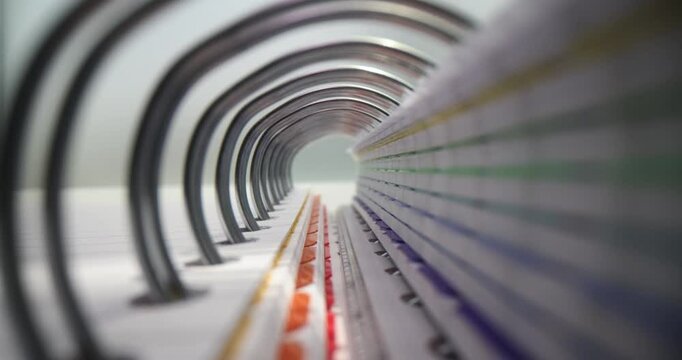 Metal rings of notebook form tunnel effect enhanced by vibrant colorful tabs. Organization of information storage and essential office supplies