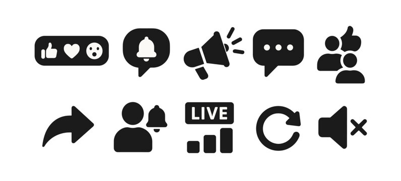 Social media communication solid icon set. notifications, chat, engagement icons collection