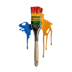 Colorful Paint Brush with Bright Paints Dripping from Brush and Splatter on White Background transparent background