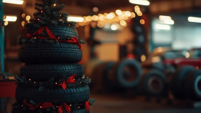 A creative and eco-friendly Christmas tree made from repurposed old tires, perfect for decoration or as an example of upcycling