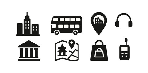 Travel, tourism solid icon set. transportation, landmark symbols in filled style