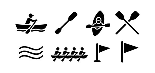 Water sports solid icon set. kayaking, rowing, canoeing icons with solid style