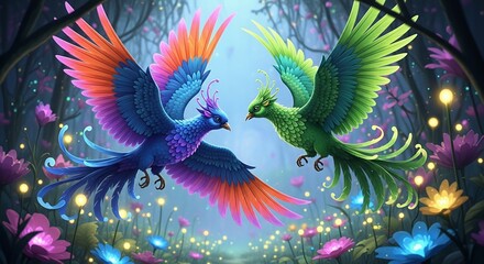 Obraz premium Colorful Flying Bird Pair in Dreamy Floral Landscape with Soft Lighting