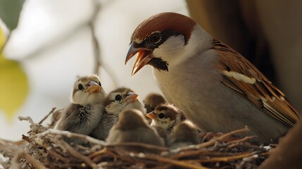 Sparrow feeding chicks in nest, bird family, wildlife photography, nature, avian, baby birds, spring time