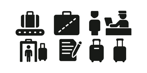 Business, travel silhouette icon set. office, suitcase, transport flat collection