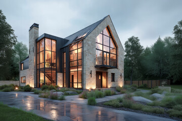 Obraz premium Modern barn house with large windows illuminating at dusk