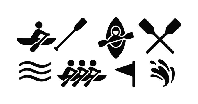 Kayaking and canoeing silhouette icon set. rowing, outdoor sports icons collection - Powered by Adobe